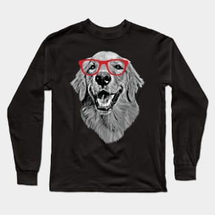 Golden Retriever Smiling Smart Nerd Red Glasses Long Sleeve T-Shirt